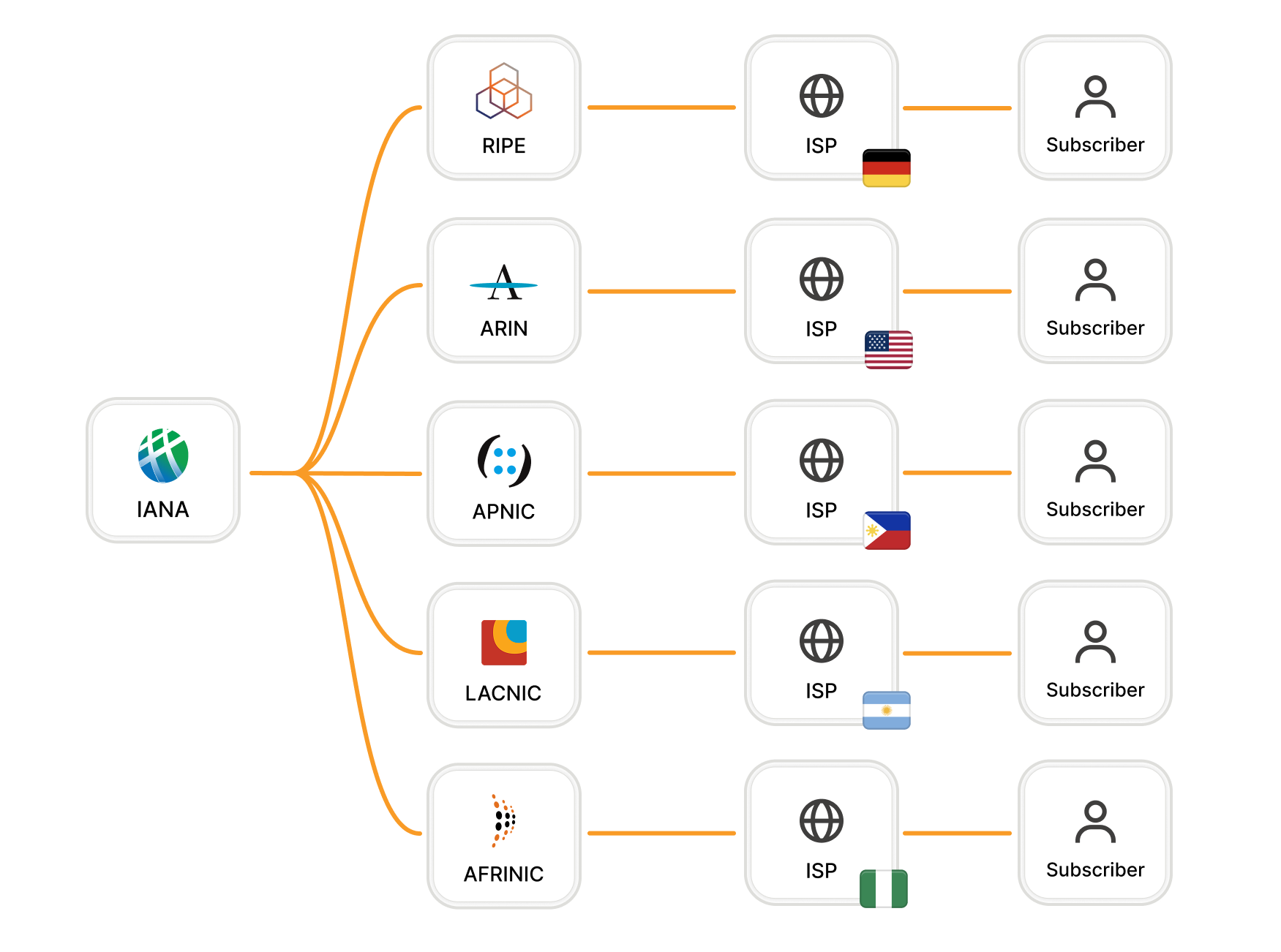 IANA delegates blocks to Regional Internet Registries (RIRs), which allocate to ISPs, who assign to subscribers.